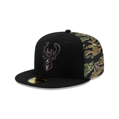 Black Milwaukee Bucks Hat - New Era NBA Camo Panel 59FIFTY Fitted Caps USA6285741